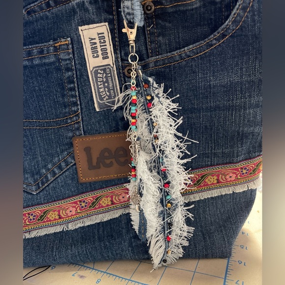 Boho chic purse,bag feathers tassel dangle charm,long tassel,Denim feather charm - Picture 3 of 6